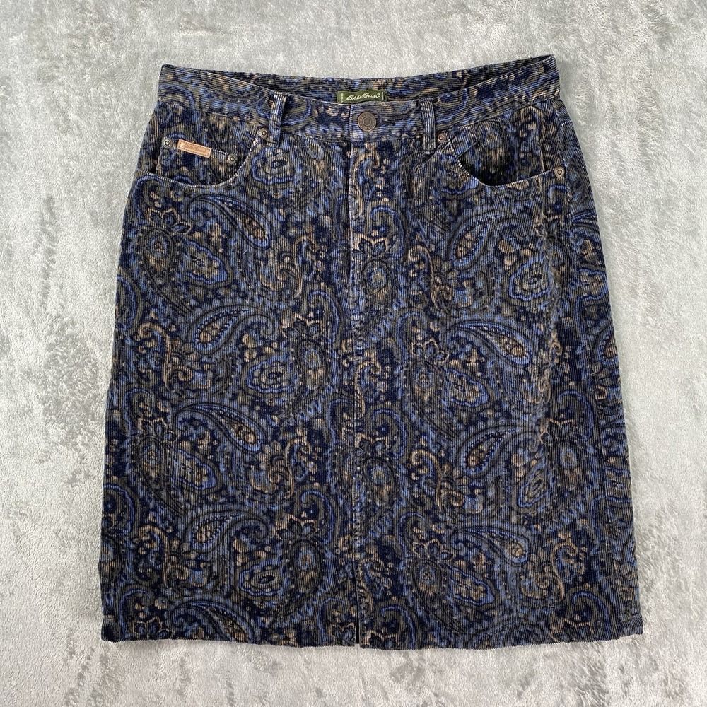 Vintage Eddie Bauer Skirt Womens Sz 6 Blue Tan Corduroy Paisley Pencil Straight